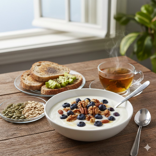 뇌 건강에 도움을 주는 블루베리와 견과류가 정갈하게 차려진 건강한 식단 이미지