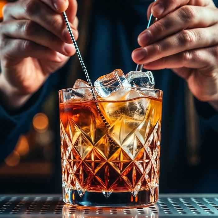 믹싱 글라스에서 정교하게 스티어링하여 완성되는 투명한 브루클린 제조 과정