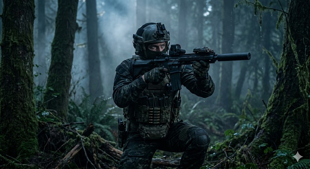 Kiel, a heavily armed mercenary, moving stealthily through a dark, foggy forest aiming his assault rifle in Netflix movie Soulcatcher.