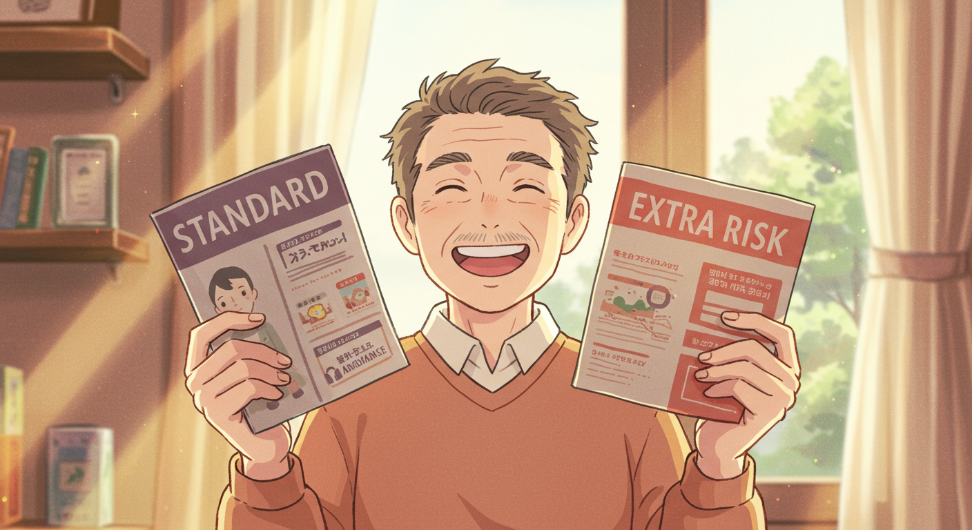 표준체와 할증 가입 안내서를 들고 환하게 웃는 사람