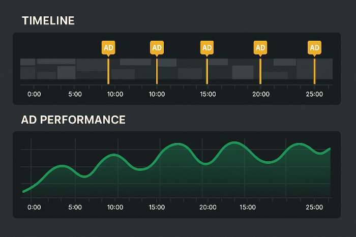 긴 영상에서 여러 광고 지점이 배치된 타임라인 이미지