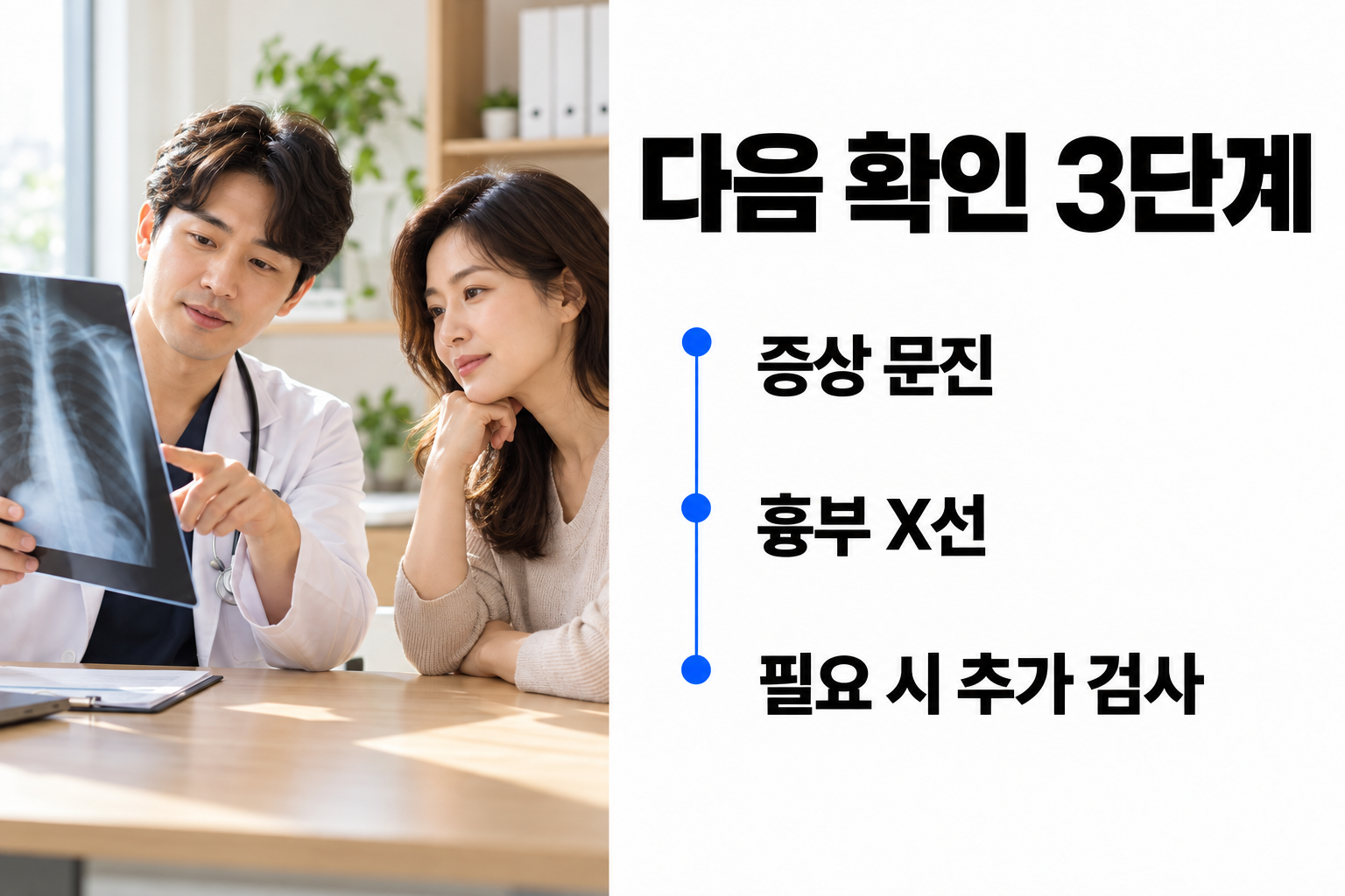 의료진과 성인이 흉부 X선을 보며 증상 문진과 추가 검사를 확인하는 카드
