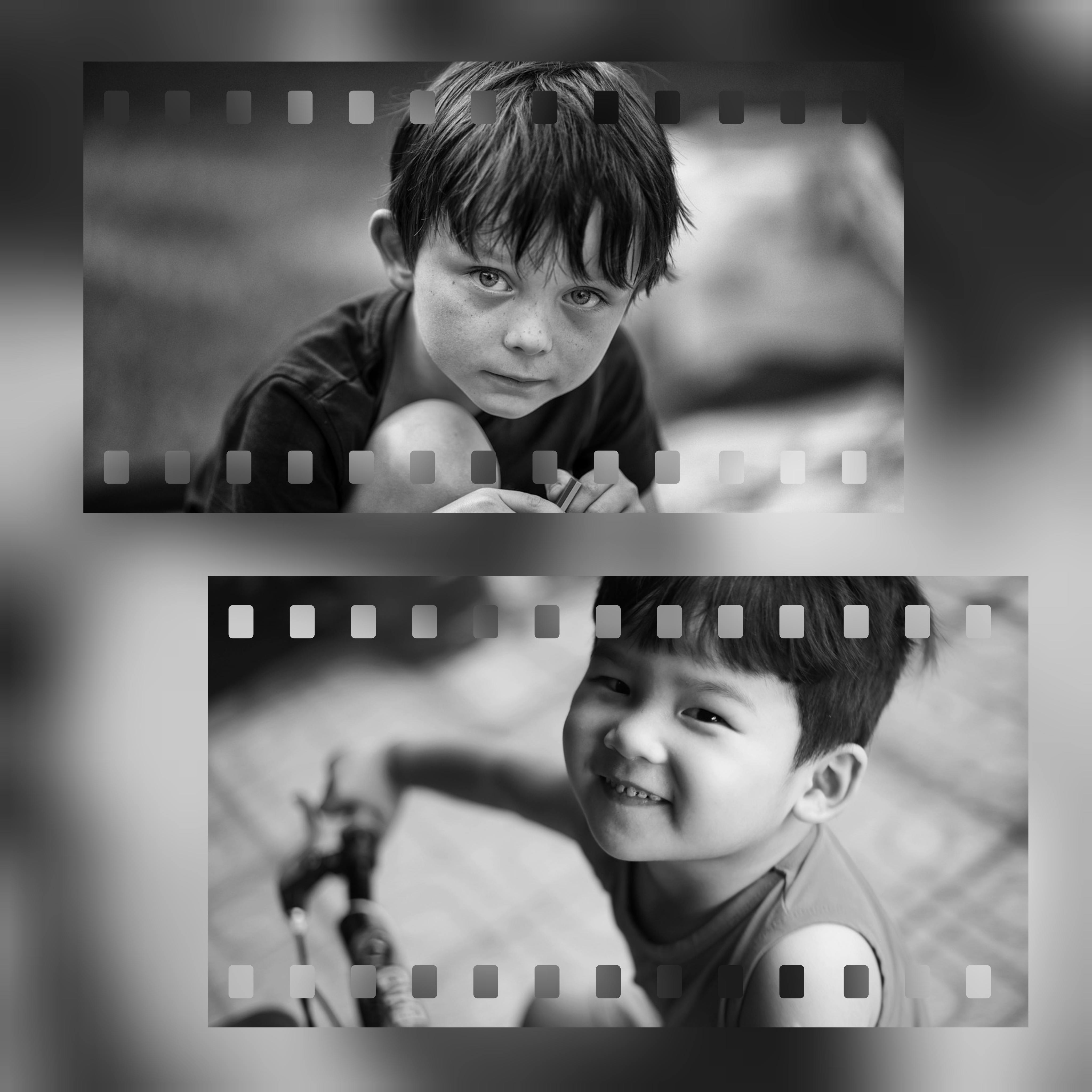 상단 이미지: &ldquo;무릎을 안고 진지하게 바라보는 소년, 세포에 남은 상처와 기억을 상징&rdquo;

하단 이미지: &ldquo;자전거를 잡고 환하게 웃는 어린아이, 세포가 품은 회복과 희망을 상징"