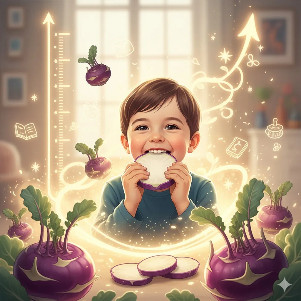 아이가 콜라비를 맛있게 먹고 쑥쑥 자라는 듯한 동화적인 장면을 연출합니다. 콜라비를 먹는 아이의 주변에 키 재기 눈금이나 성장 그래프가 재미있게 표현되어 아이들의 건강한 성장을 응원하는 분위기를 나타냅니다. 
