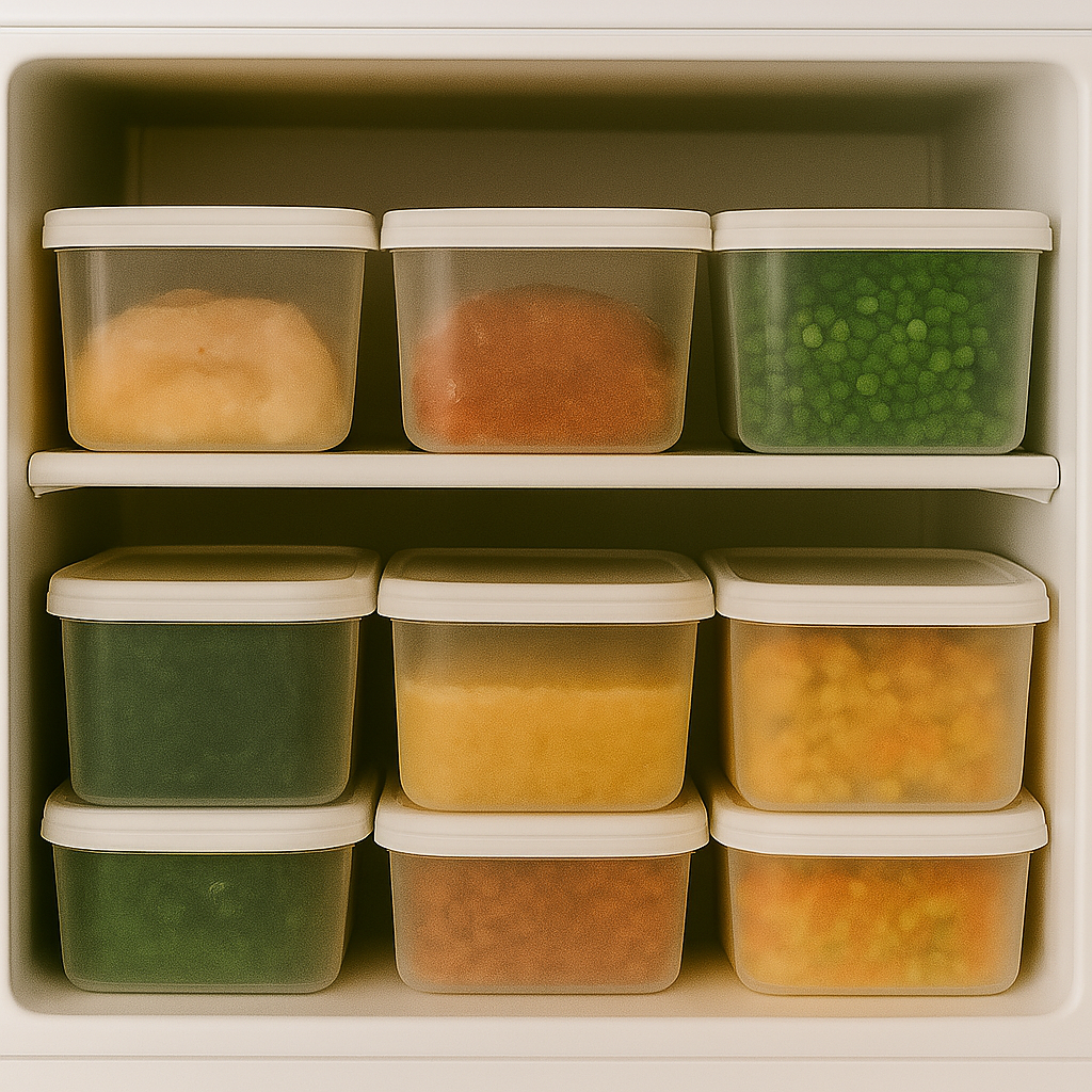 깔끔하게 정리된 냉동실 안에 투명 용기들이 일정하게 정렬되어 있으며 내용물 종류가 구분되어 보이는 모습