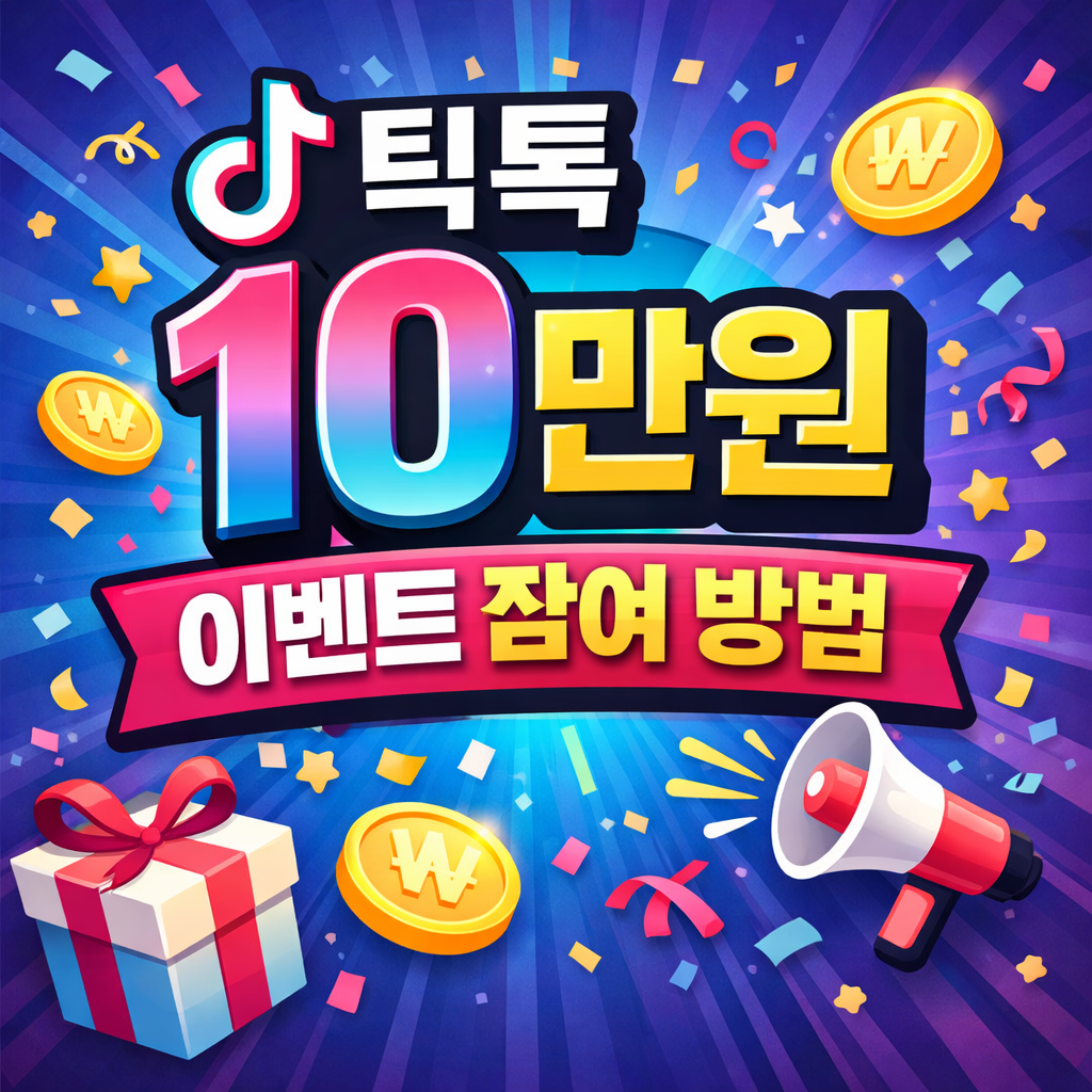 틱톡 로고와 함께 “틱톡 10만원 이벤트 참여 방법”이라는 문구가 크게 표시된 정사각형 이미지로, 파란색과 보라색 그라데이션 배경 위에 금화, 선물 상자, 별, 확성기 아이콘이 배치되어 이벤트와 혜택을 강조한 디자인입니다.