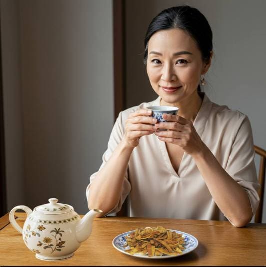 황벽나무 효능 노화 방지, 황백 차 마시는 중년 여성 사진