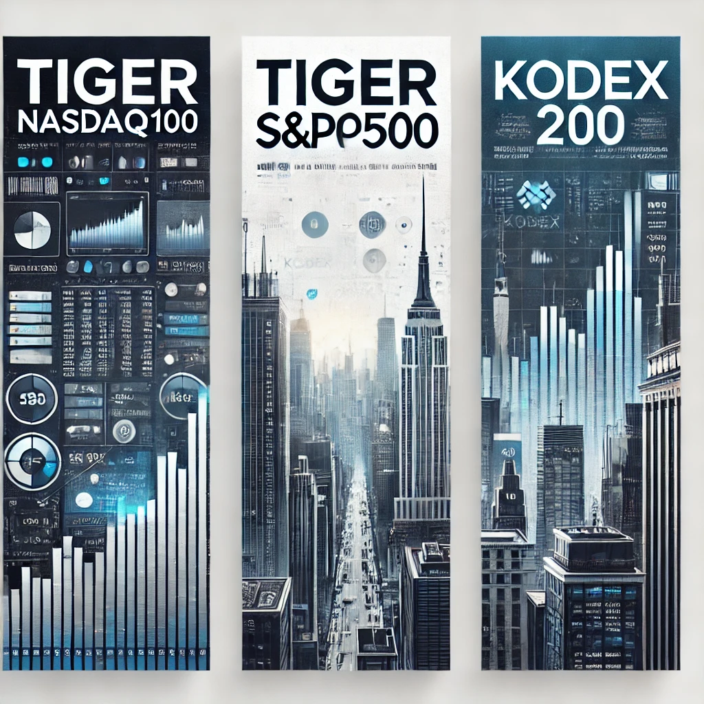 TIGER NASDAQ100, TIGER S&amp;P500, KODEX 200 ETF를 비교한 금융 블로그용 썸네일 이미지, 세 개의 섹션으로 나뉜 구성과 주식 차트를 배경으로 한 디자인