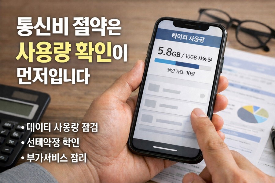 데이터 사용량 확인, 선택약정 점검, 부가서비스 정리를 통해 통신비를 줄이는 방법을 설명하는 체크리스트형 이미지입니다.