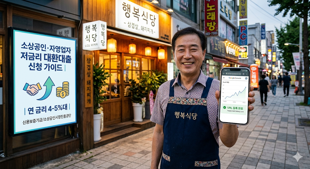 소상공인 저금리 대환대출의 신청 자격, 지원 내용, 신청 절차를 안내하는 인포그래픽