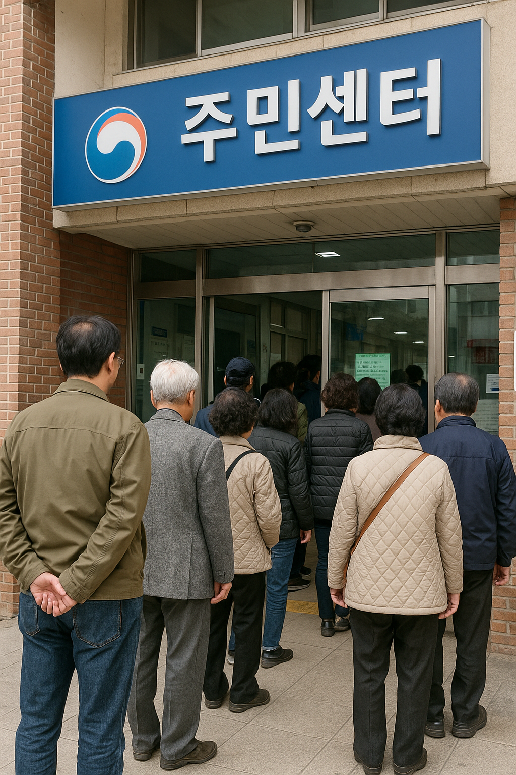 Line of mostly senior citizens waiting outside a &lsquo;Resident Center&rsquo; (Jumin Center) to apply in person for the Livelihood Recovery Consumption Coupon.