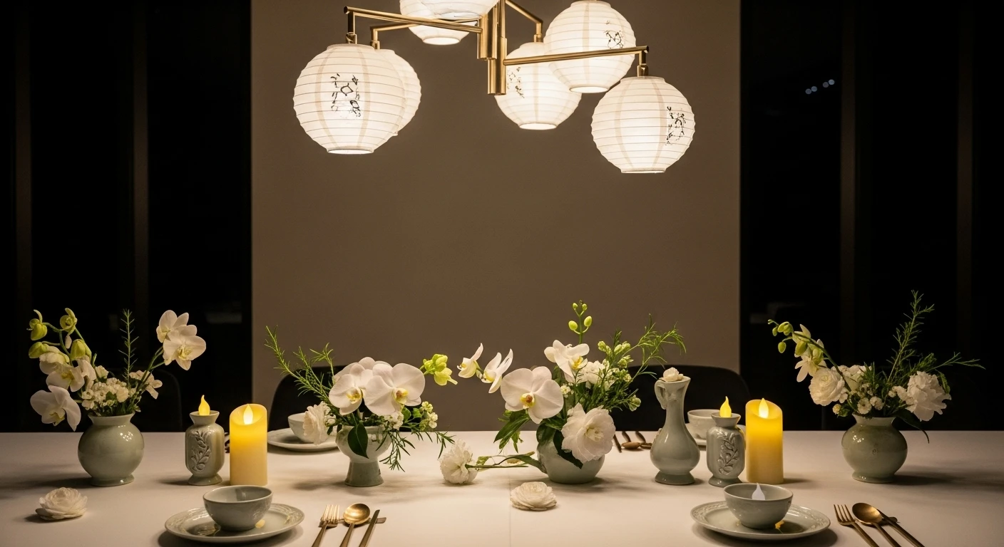 폭군의-셰프-파인-다이닝-하얀-식탁에-식기들이-가지런히-놓여있고-천장에는-한식-조명이-있다.