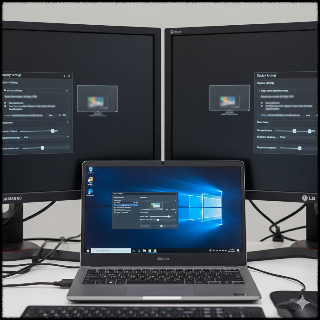 듀얼 모니터 해상도와 화면 배율을 조정하는 노트북 화면