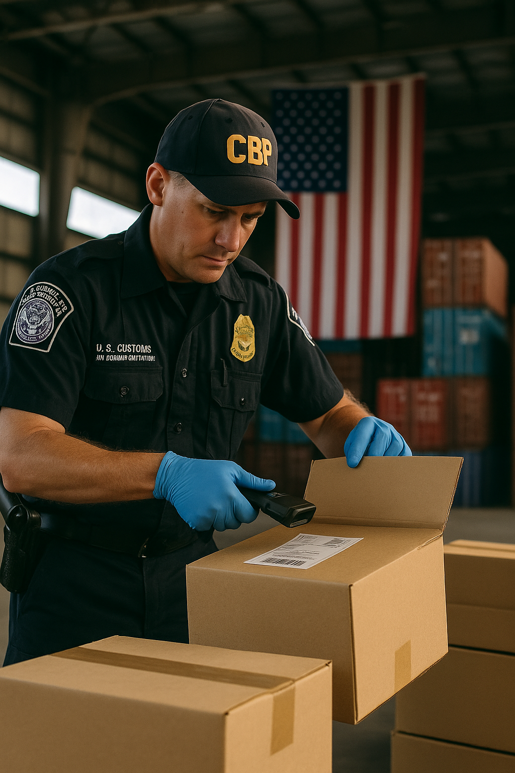 미국세관이 수입품을 확인하는 이미지