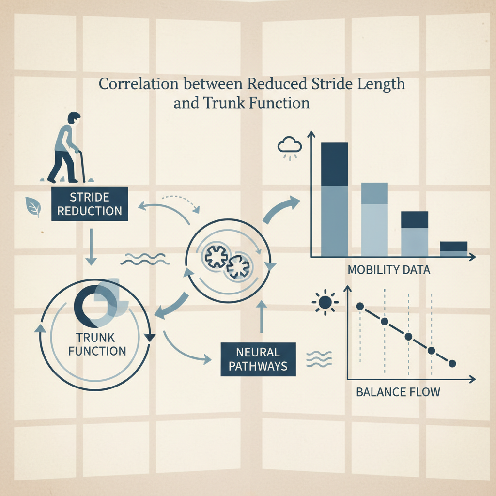 歩幅縮小の実態と体幹機能の相関に関する統計・生理メカニズム・対策を示す政策リポート用インフォグラフィック
