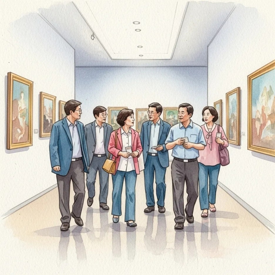 미술관에서 작품에 대해 대화하는 사람들