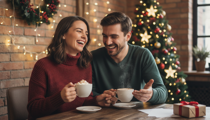 크리스마스 장식으로 꾸며진 카페에서 따뜻한 음료를 마시며 행복하게 웃는 커플.
