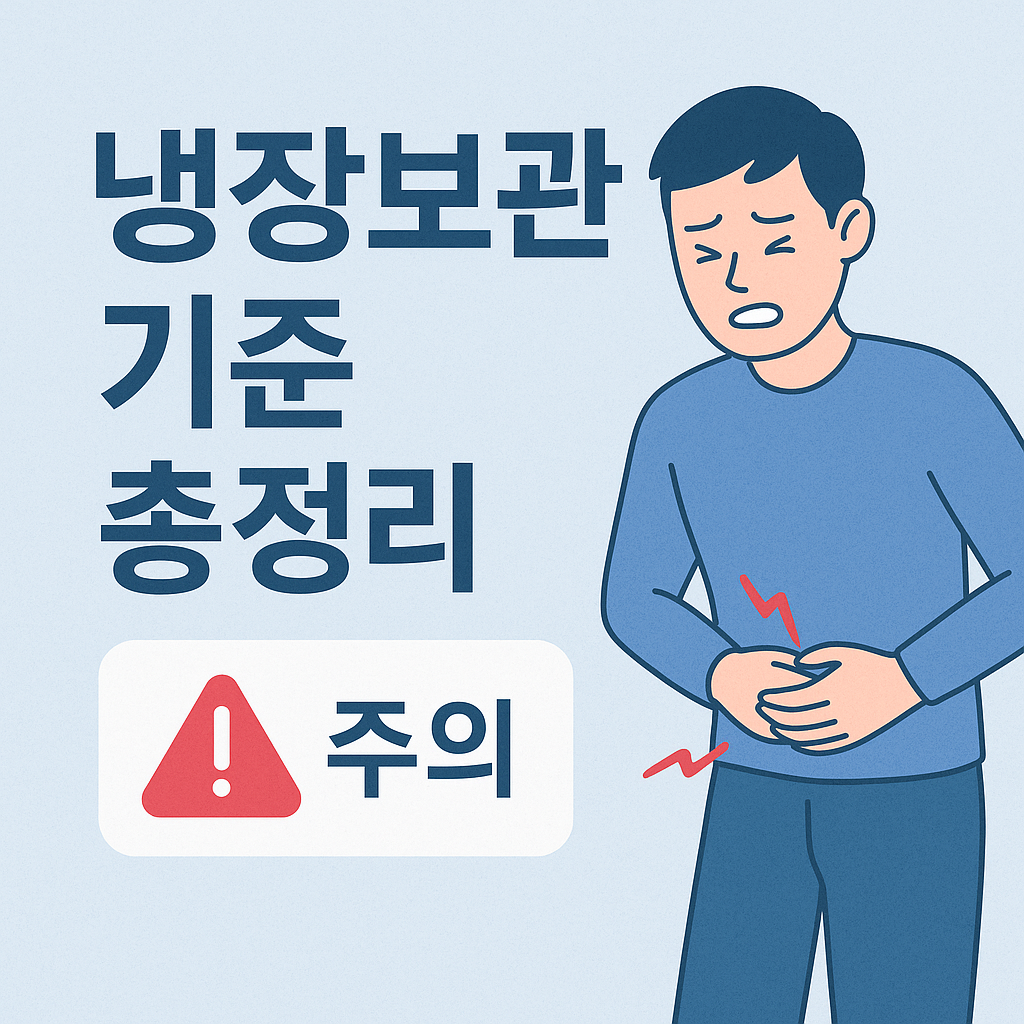 냉장보관 기준 총정리 안내 이미지. 왼쪽에는 굵은 글씨로 &ldquo;냉장보관 기준 총정리&rdquo;라는 문구와 붉은색 경고 아이콘 옆에 &ldquo;주의&rdquo;라는 문구가 있으며, 오른쪽에는 복통으로 배를 움켜쥐고 고통스러운 표정을 짓고 있는 남성 일러스트가 그려져 있어 식중독 위험에 대한 경고를 전달함.