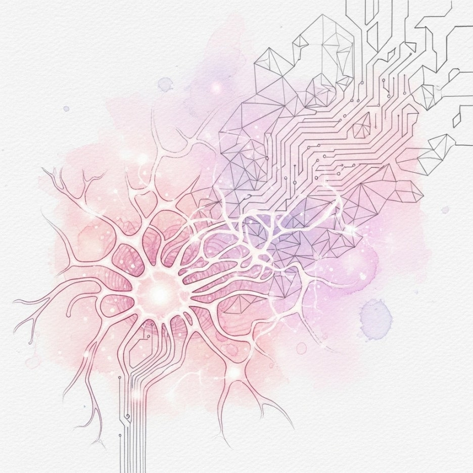 인공지능과 양자 회로가 조화롭게 융합된 추상적인 모습