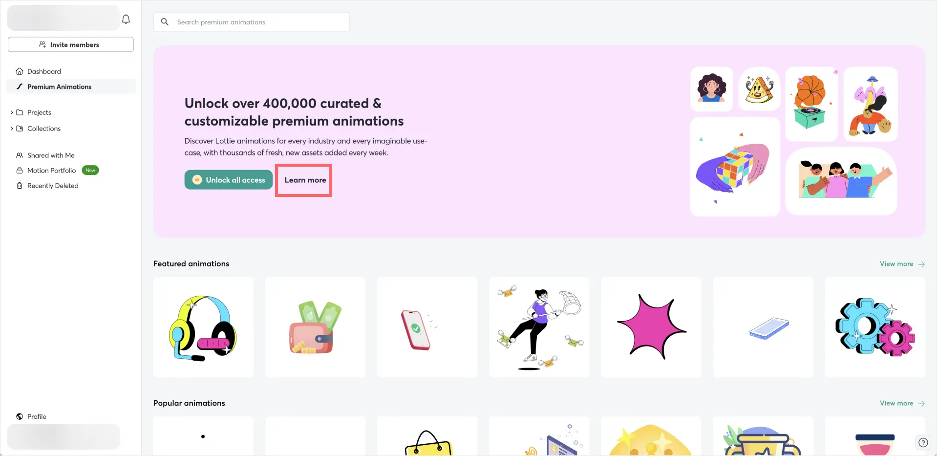 LottieFiles 웹사이트에서 프리미엄 애니메이션 정보보기