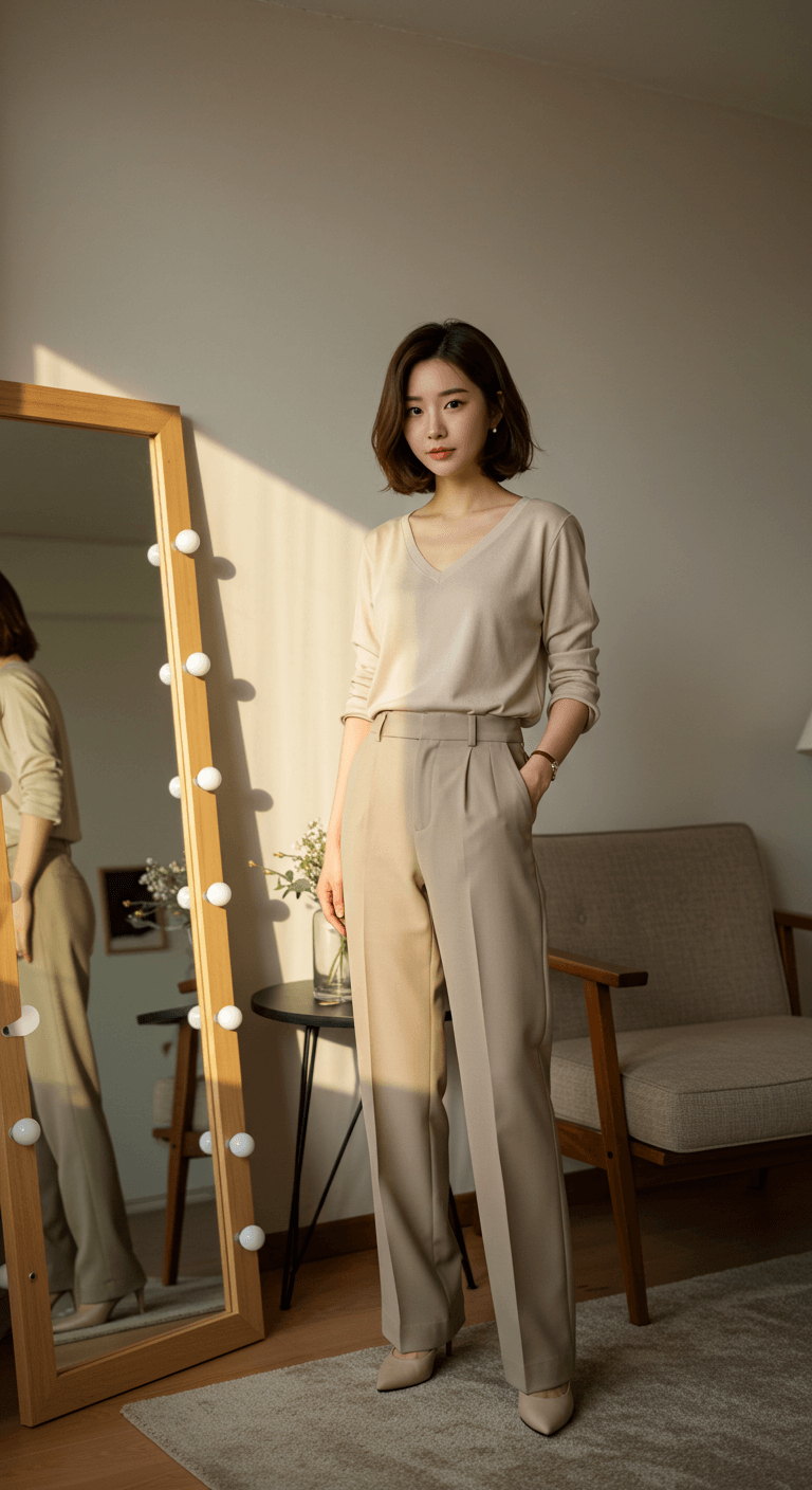 거울 앞에서 베이지톤 데일리룩을 입고 포즈를 취하는 30대 한국 여성