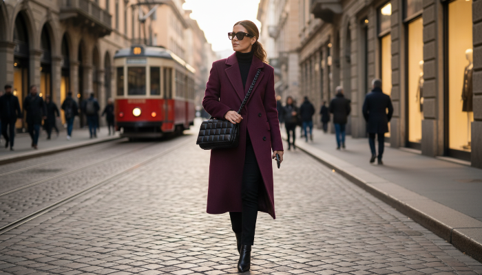 밀라노 거리에서 보테가 베네타 카세트백을 메고 걷는 세련된 패션의 여성