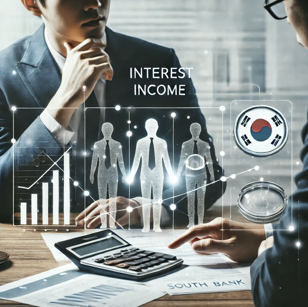  금융 전문가와 고객이 이자소득의 규정을 논의하며 서류와 계산기를 활용하는 모습. 