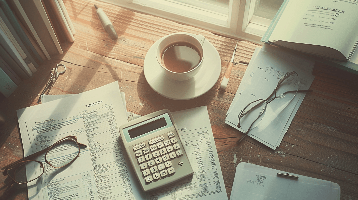 데스크의-계산기와-커피잔