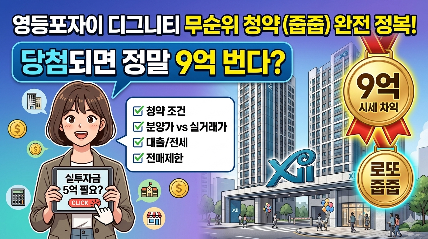 다양한 연령대의 성인이 '영등포자이 디그니티' 아파트 단지와 출입구 전경을 배경으로, '당첨되면 9억 로또?'라는 글씨가 크게 적힌 평생교육바우처 신청 가이드 썸네일 일러스트. NH농협카드(채움) 평생교육이용권 카드와 35만 원 지원금 메달이 함께 보인다. 현금 5억 필요? 평형 59㎡, 84㎡ 정보가 함께 기재되어 있다.