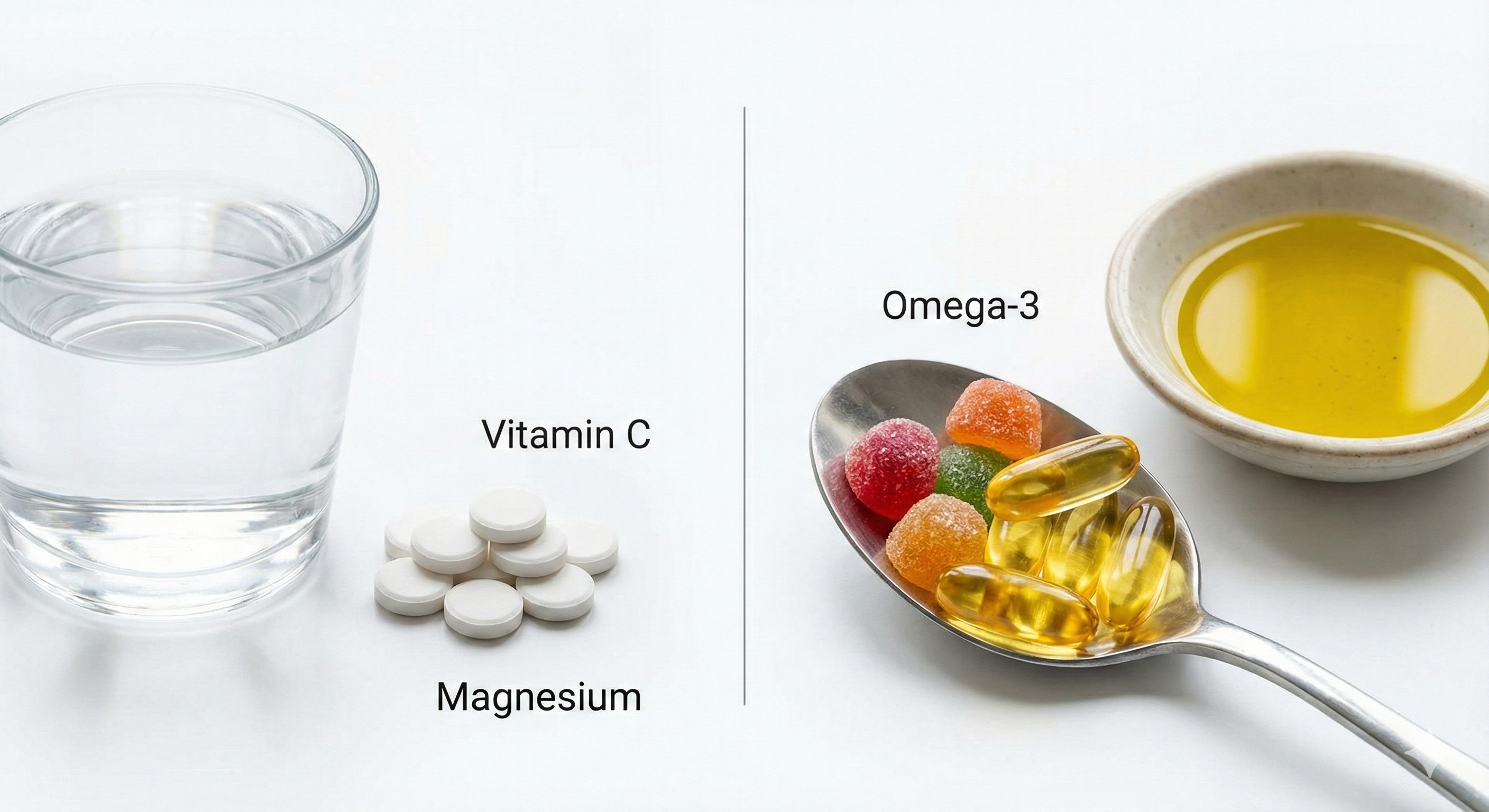 간헐적 단식 공복 섭취 가능 영양제(물, 비타민C, 마그네슘)와 불가능 영양제(오메가3, 젤리 비타민, 오일) 비교 분할 사진