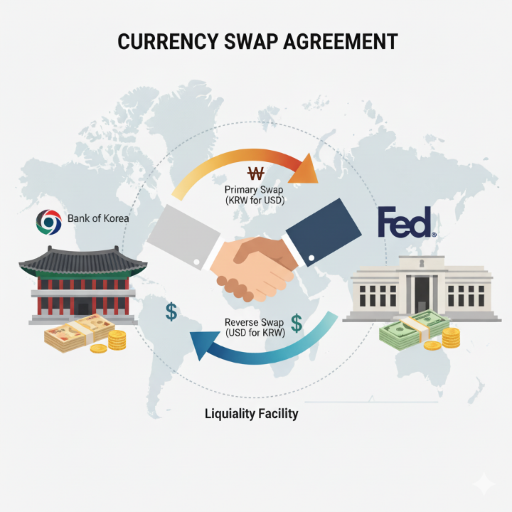 한국은행과 미국 연방준비제도(Fed) 등 두 국가의 중앙은행을 상징하는 건물이나 로고가 각각의 통화(원화, 달러)를 교환하는 모습의 일러스트. 두 손이 악수하는 모습과 함께 통화가 오가는 다이어그램