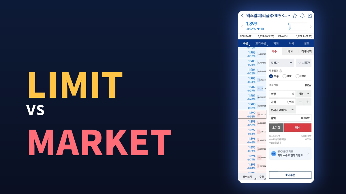 LIMIT vs MARKET, 업비트 앱 엑스알피(XRP) 지정가·시장가 매수 주문 화면