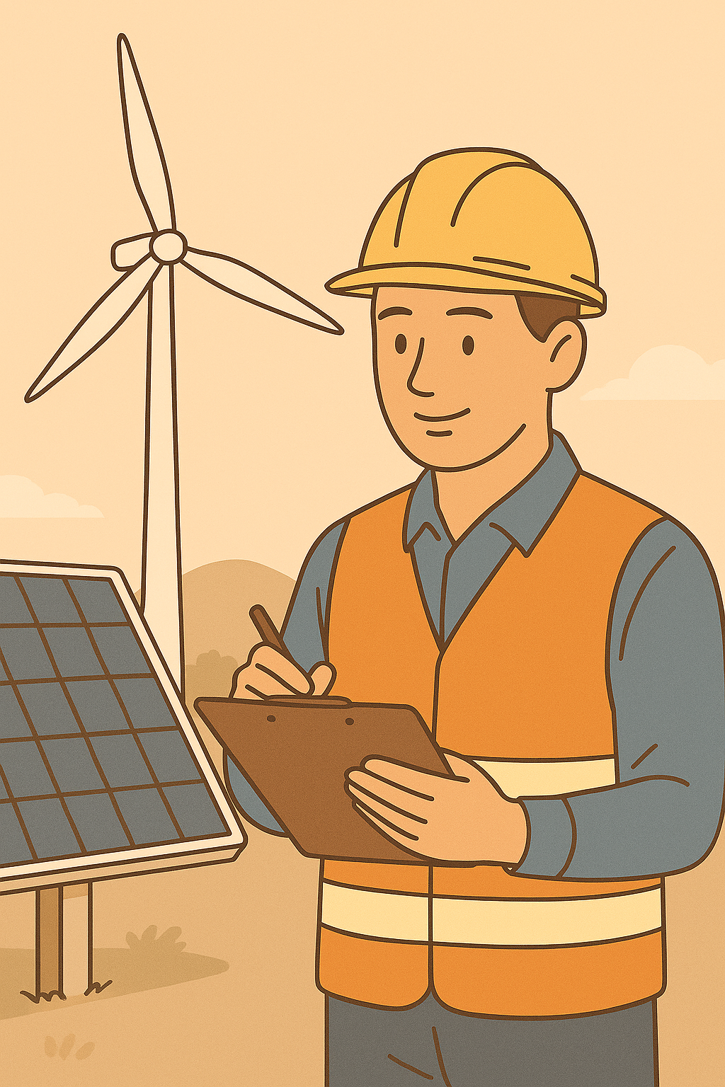 파스텔 톤 일러스트: 안전모와 반사조끼를 착용한 신재생에너지발전설비기사가 태양광 패널 옆에 서서 클립보드에 점검 기록을 쓰고, 뒤로는 바람개비 형태의 풍력 터빈이 보이는 현장 모습