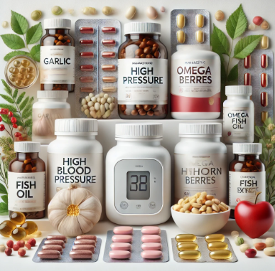 고혈압과 관련된 건강기능식품 사진과 채소, 식물들