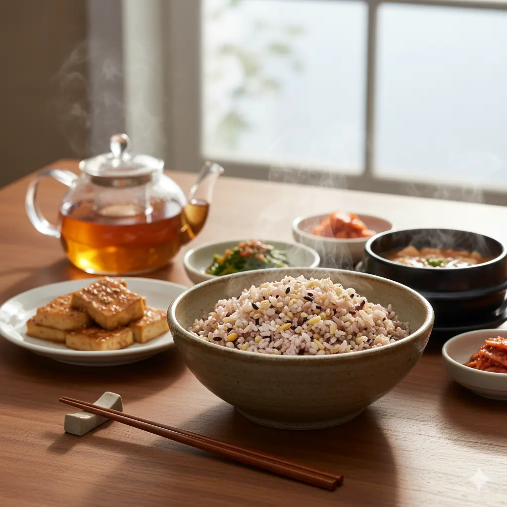 보리 알갱이와 혈당 측정기를 활용한 당뇨 관리 이미지