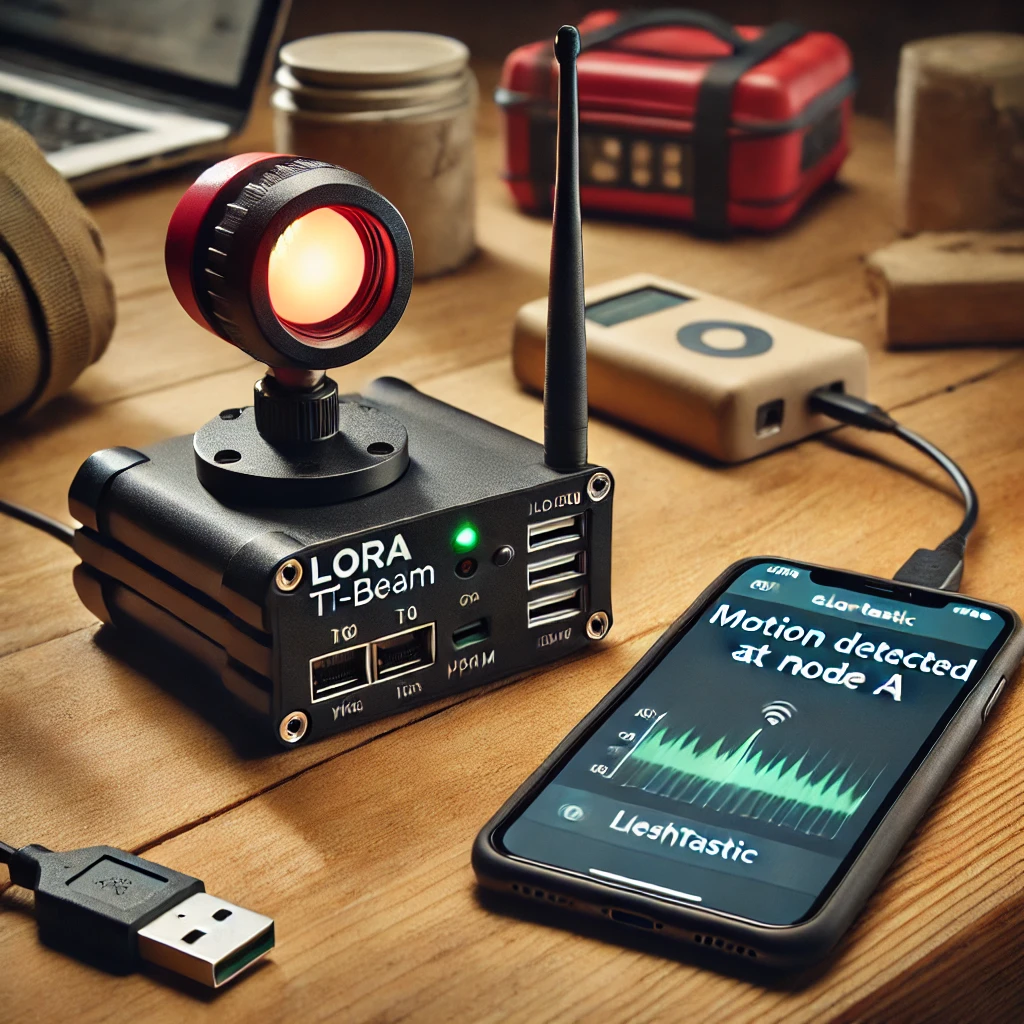 LoRa TTGO T-Beam 장비와 PIR 센서가 연결된 자동 감지 시스템 – Meshtastic 앱에서 'Motion detected at Node A' 메시지가 표시된 생존 셋업