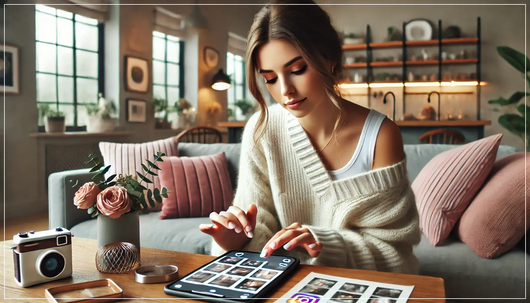 젊은-여성이-스타일리시하고-아늑한-거실에서-스마트폰이나-태블릿으로-인스타그램-스토리를-디자인하는-모습.-현대적인-가구와-부드러운-조명,-감각적인-장식-요소들이-어우러진-따뜻한-분위기-속에서-창의적으로-작업하는-장면