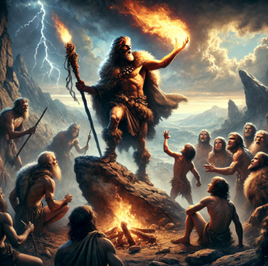 프로메테우스가 인간에게 불을 건네주는 이미지