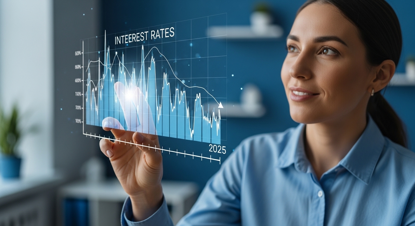 A person looking at a digital chart showing fluctuating interest rates, symbolizing the timing of loan switching decisions in 2025. The chart should show a downward trend or potential for decrease. The person is thoughtful, with a warm, optimistic expression. Classic blue tones dominate the scene.