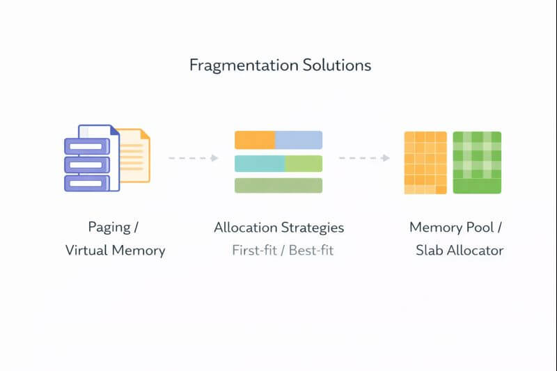 외부 단편화는 페이징과 컴팩션으로 줄이고, 내부 단편화는 블록 크기 조정과 슬랩/메모리 풀로 완화하는 전산학 단편화 해결 방법을 단계별로 요약한 도식