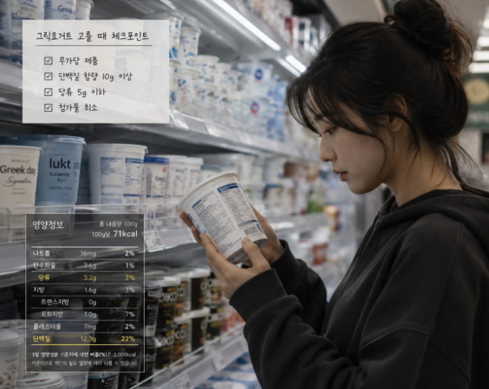 성분표를 확인하며 그릭요거트를 고르는 모습