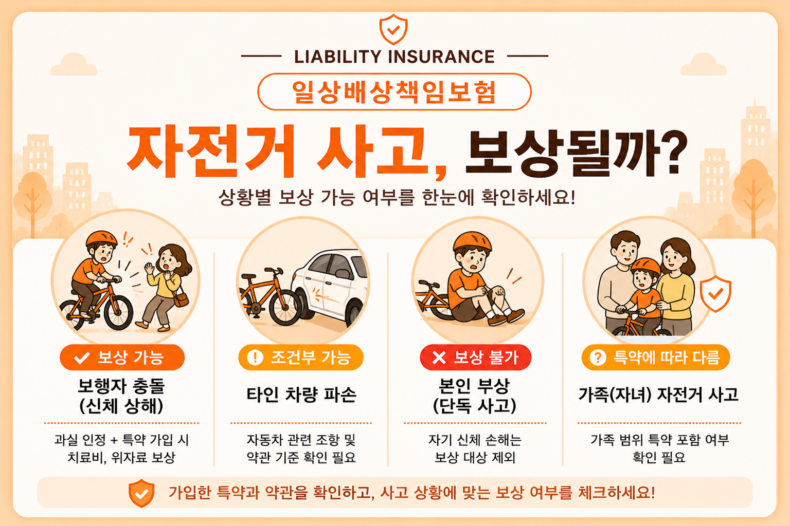자전거 사고 발생 시 일상배상책임보험 보상 가능 여부와 조건을 상황별로 정리한 이미지
