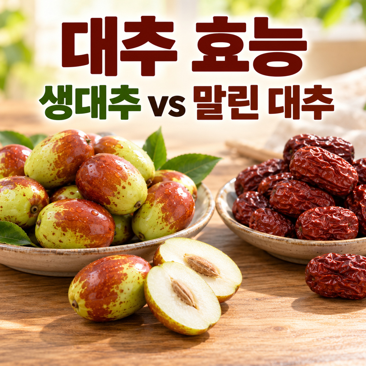 왼쪽 생대추와 오른쪽 말린 대추를 나란히 보여주는 대추 효능 대표 사진