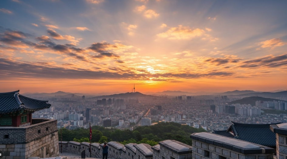 남한산성 서문(우익문) 부근에서 바라보는 서울 시내 전경과 함께 솟아오르는 해