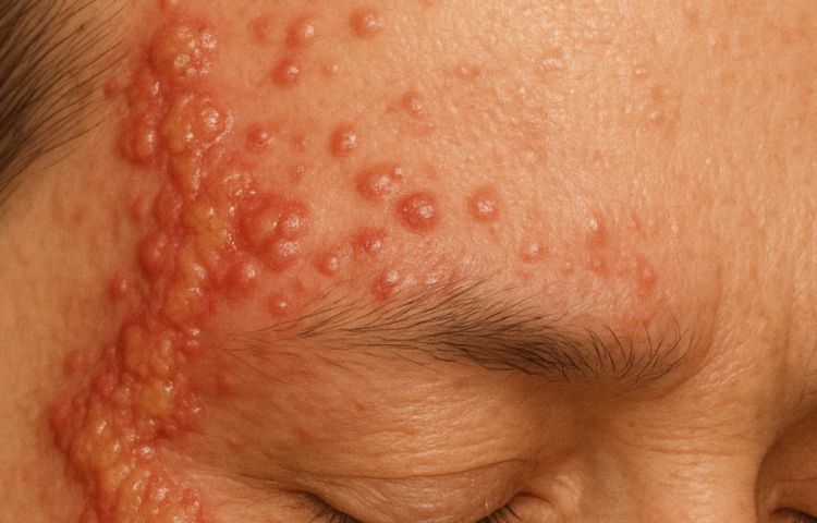 이마와 눈썹 위 부위에 띠 모양으로 발생한 대상포진 수포와 붉은 발진을 보여주는 얼굴 부위 의료 일러스트