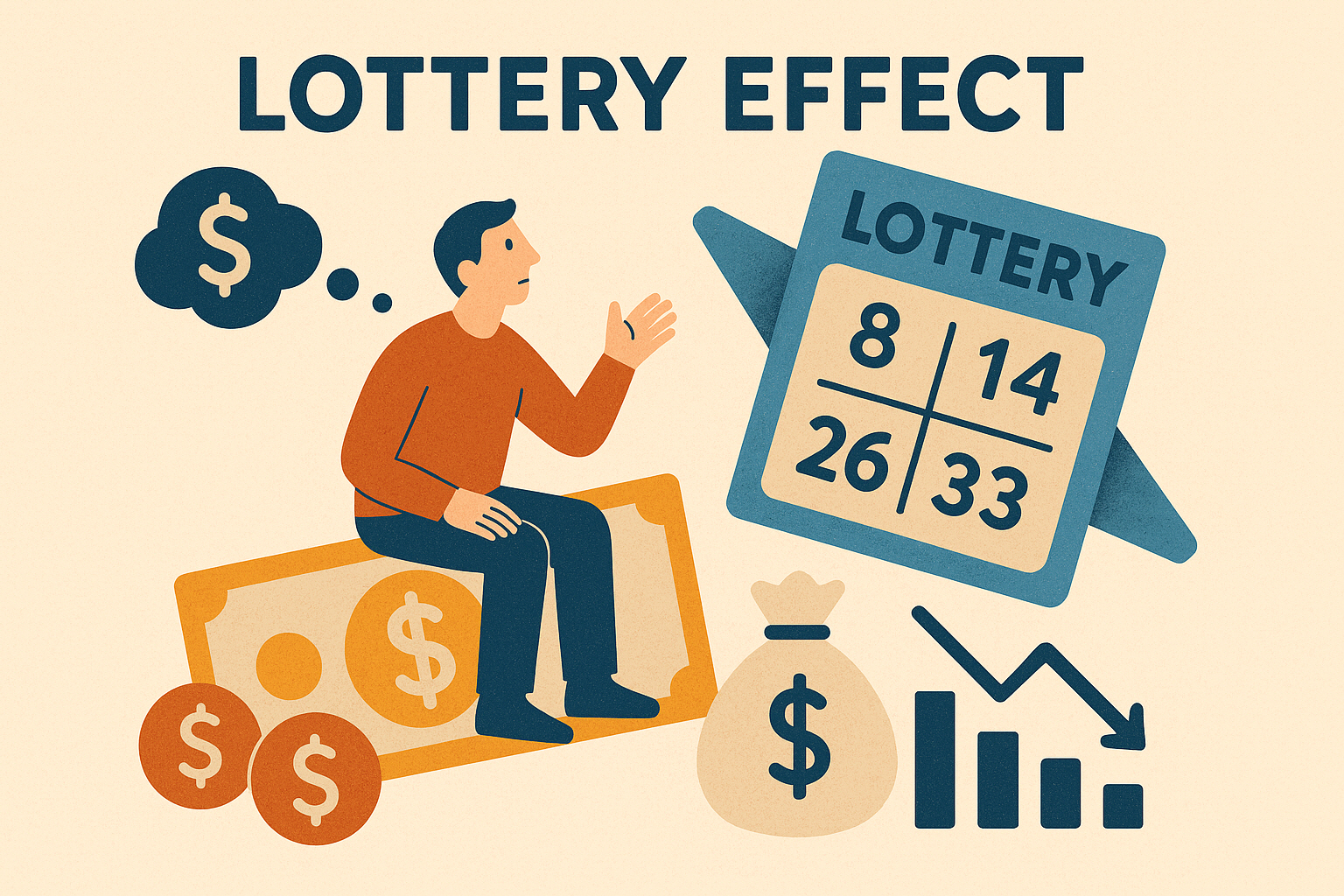 이 그림은 복권 당첨의 희박한 가능성에도 불구하고 큰 보상을 기대하며 복권을 구매하는 사람들의 비합리적인 심리를 표현한 것이다. 복권 효과는 손해 확률이 높아도 극적인 보상을 과대평가하는 행동경제학적 현상이다.