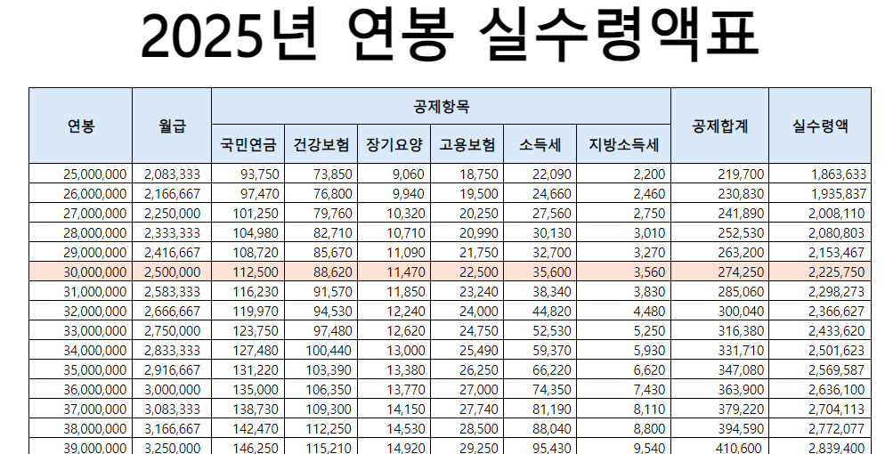 2025년 연봉 실수령액표