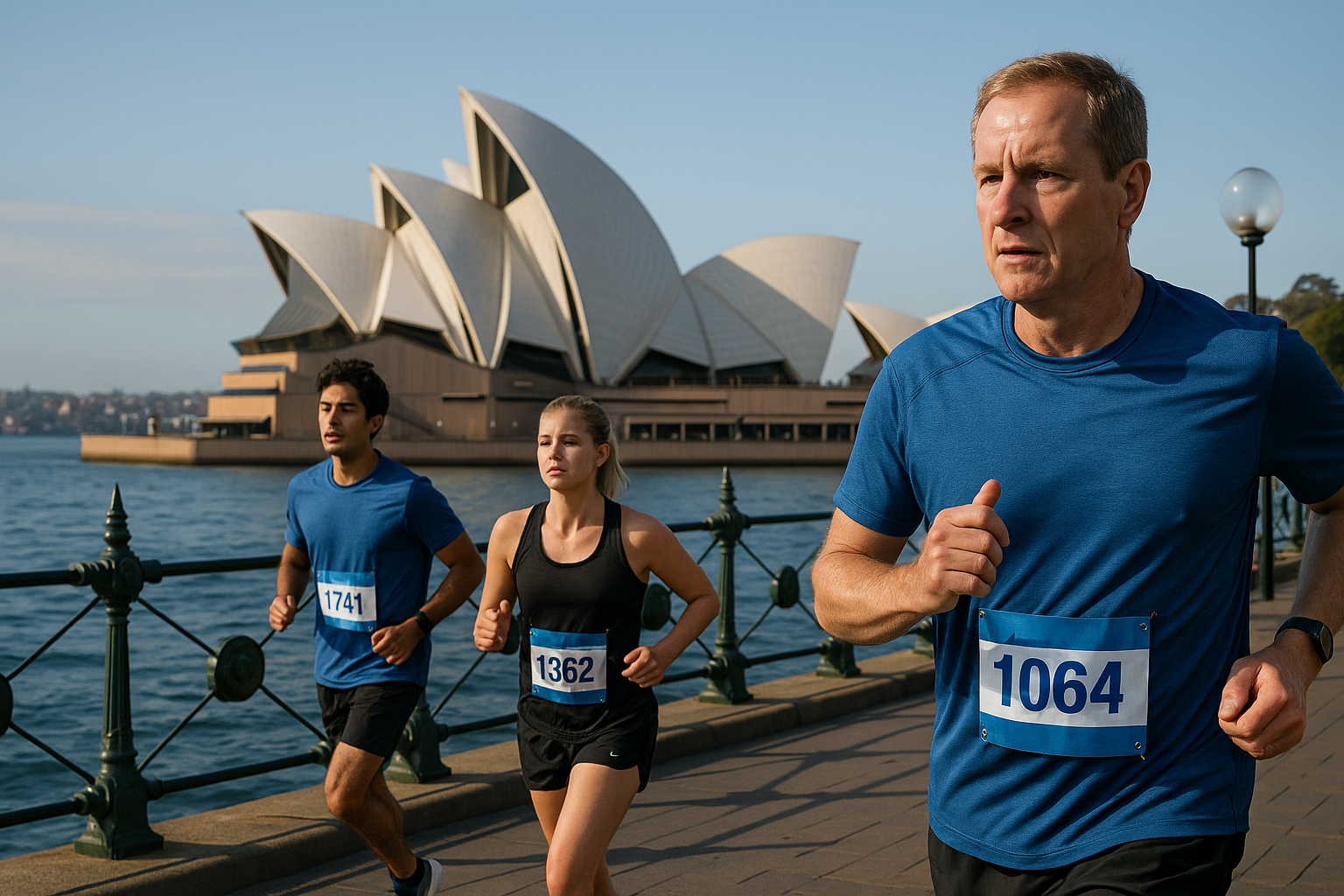 시드니 오페라하우스를 배경으로 해안 산책로를 따라 달리는 다양한 연령의 마라톤 참가자들. 맑은 하늘과 바다가 어우러진 가운데 해외 마라톤 패키지의 실전 장면을 표현.