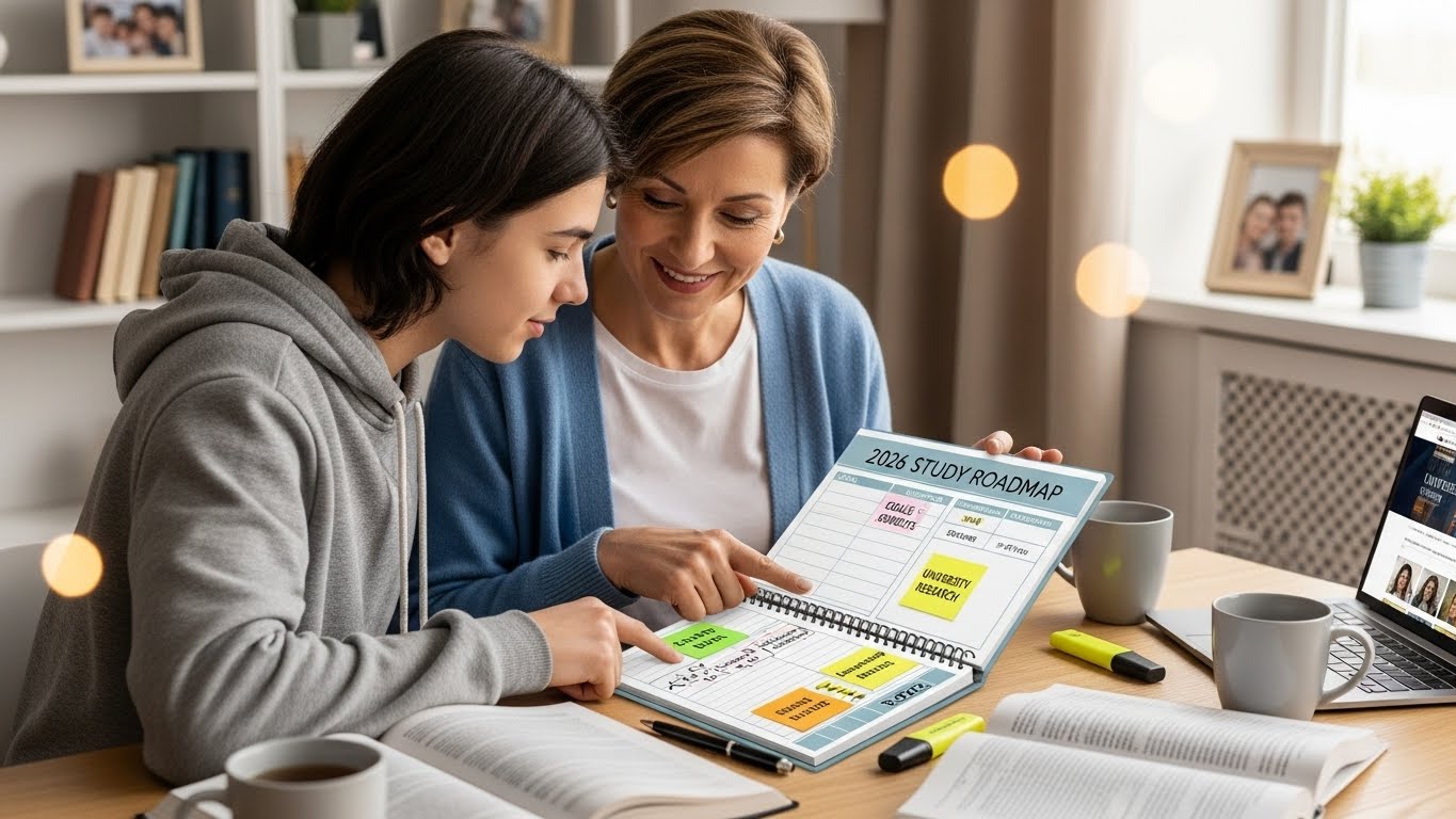 학부모와 학생이 함께 2026년 학습 로드맵을 계획하는 모습