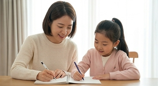 엄마와 딸이 나란히 앉아 작은 수첩에 함께 뭔가를 적고 있는 장면